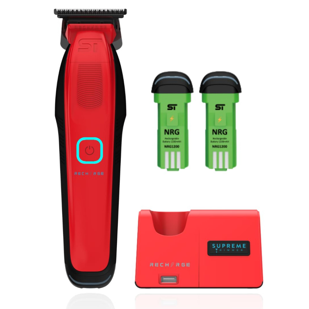 Supreme Trimmer Red Recharge Zero Gap Trimmer For Barbers | 7500+ Rpm, Removable Battery, Smart Usb Charging Stand + Iphone/Android Charging | St777