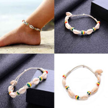Charm Retro Bohemian Carved Wood Beads Shell Pendant Anklet Weaving Handwork