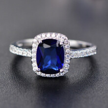 (Blue, 5) Silver Women Shinning Plated Zircon Big Square Finger Wedding Ring Engagement
