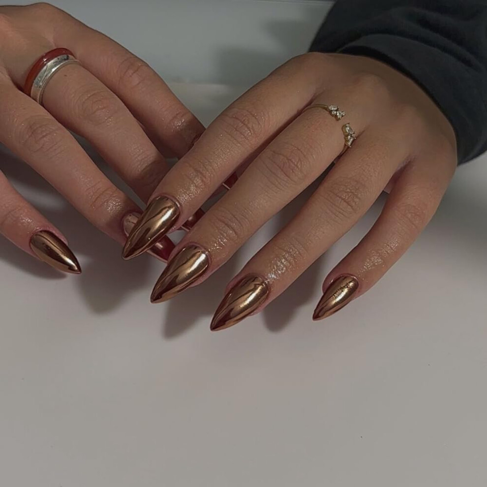 Xcreando Light/Bronze Mirror Metal Chrome Press On Nails Medium Almond Metallic Nails Glue On, Acrylic Nails Fake Nails Press Ons Thick Shiny Glazed False Nail