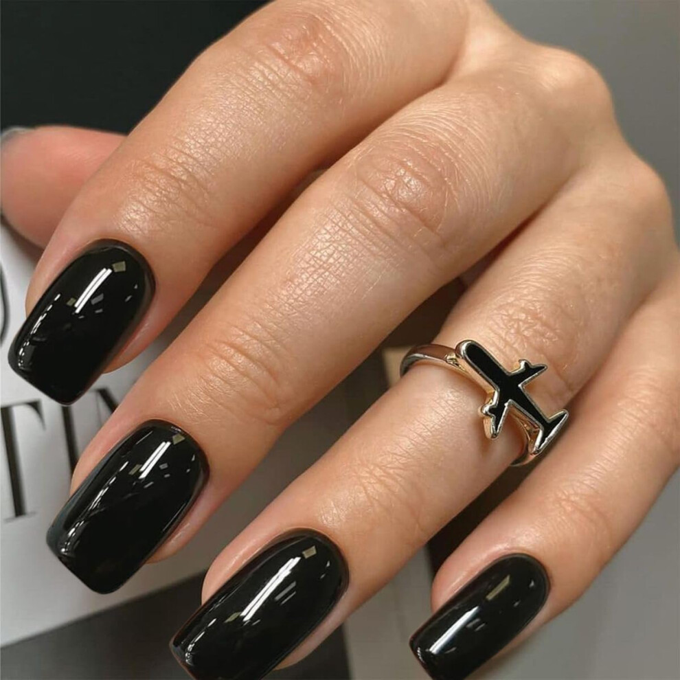 Xcreando Black Nails Press Ons, Press On Nails Medium Square Glue On Nails Medium Length, Short Acrylic Nails Glue On Medium Coffin Nails Fake Nails False Nail