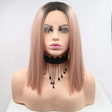 xiweiya Korte Rozen Gouden Rechte Bob Lace Front Wiek met Donkere Wortel