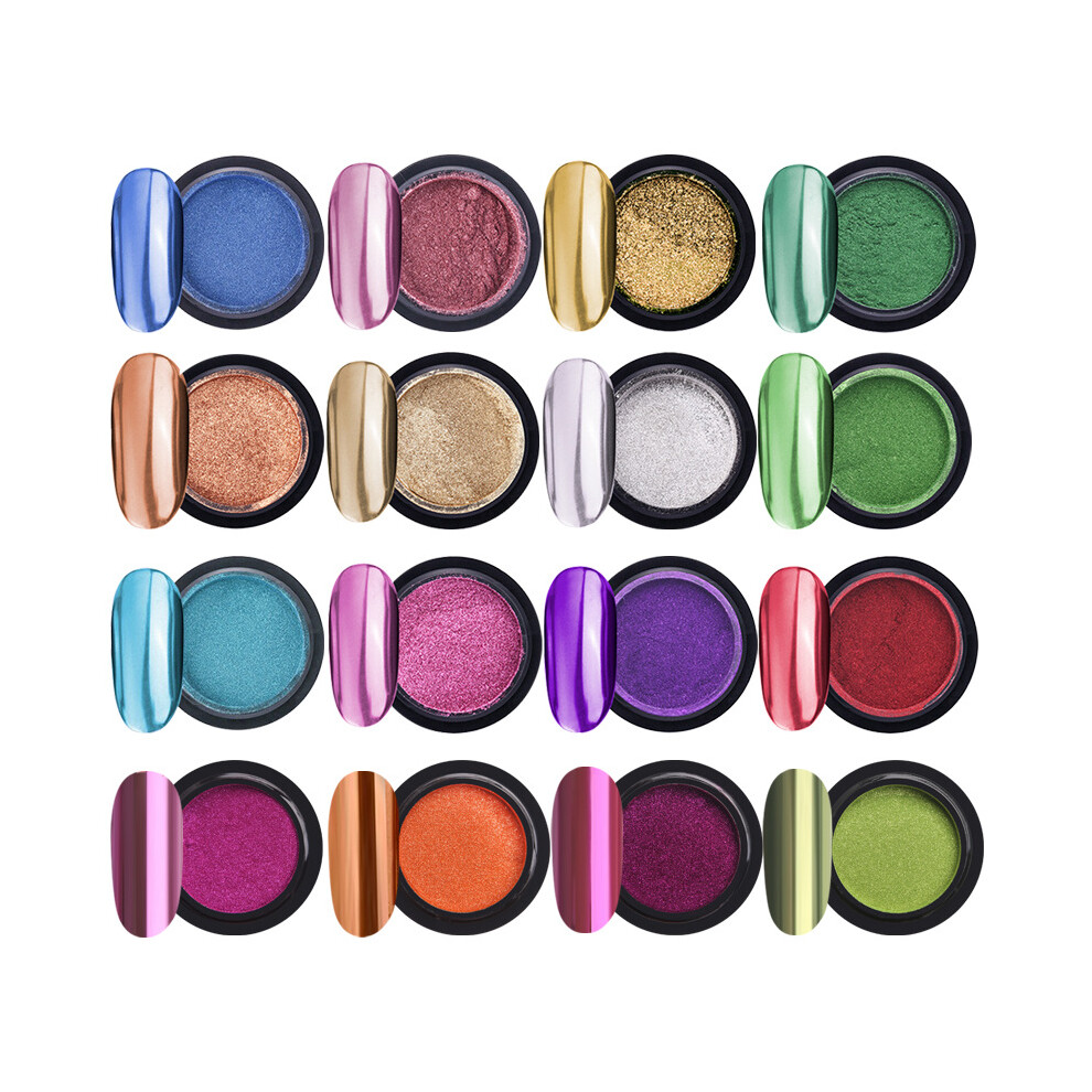 16 Jars Chrome Nail Powder Metallic Nail Art Powder Mirror Effect Manicure Pigment with 16 Pcs Eyeshadow Sticks