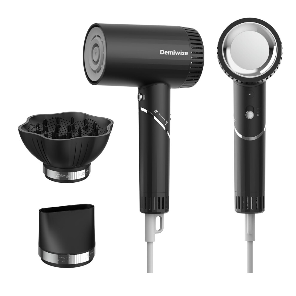 Demiwise 110000 Rpm High-Speed Hair Dryer For Curly Hair, 1400W Low Noise Iconic Dryer With Diffuser And Nozzle - Quick Drying, Negative Ion Technolog