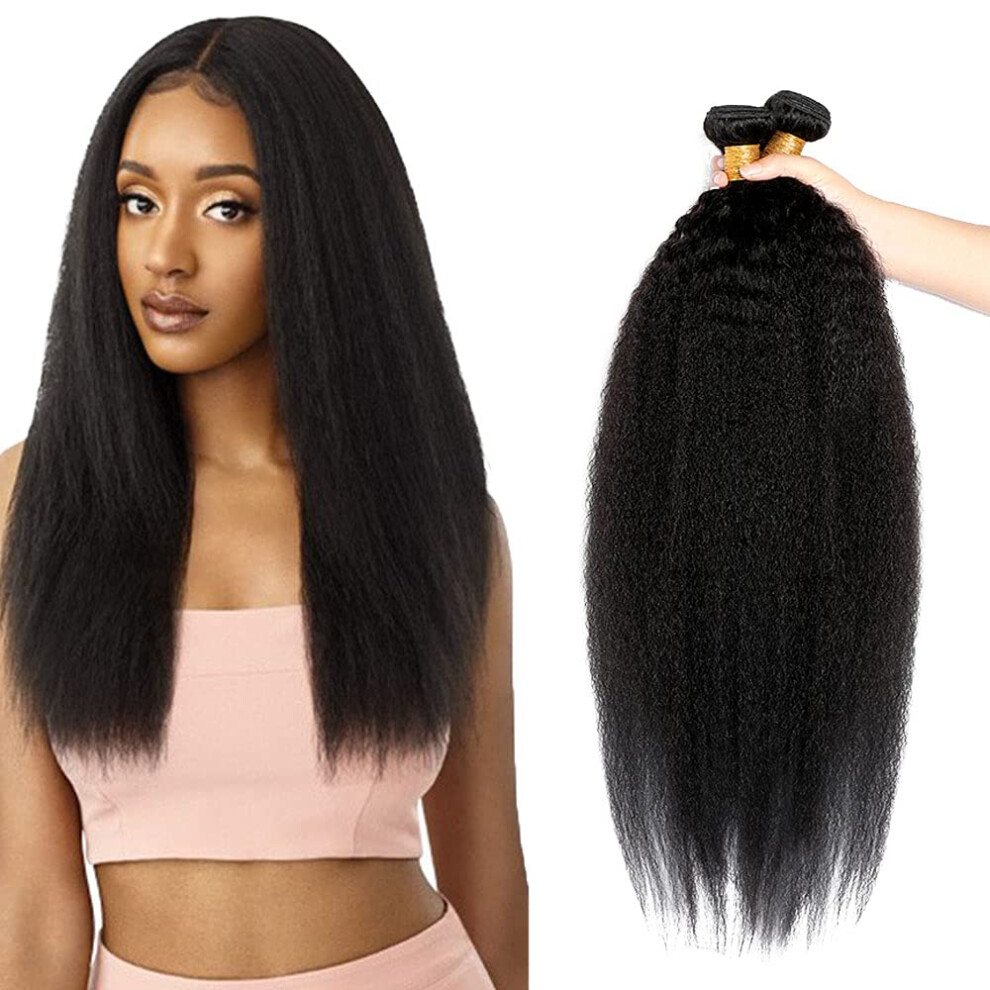 Unisex Black Kinky Straight Human Hair Bundles 3Pcs 12 Inch Brazilian Remy Extensions Natural Double Weft