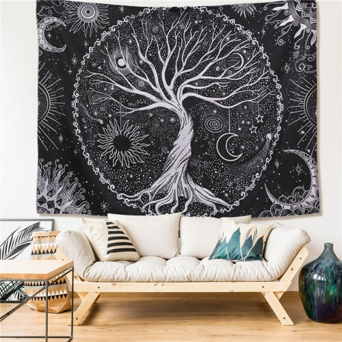 Tree  Moon and Sun Black Wall Hanging  Psychedelic Mandala Starry Sky  Hippie 1
