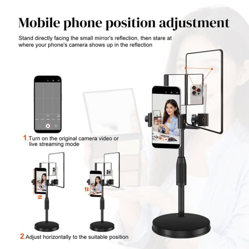 Supporto per Cellulare da Tavolo con Piastra Rotonda e Altezza Regolabile, Supporto per Streaming Live con Specchio, Supporto per Selfie con 1