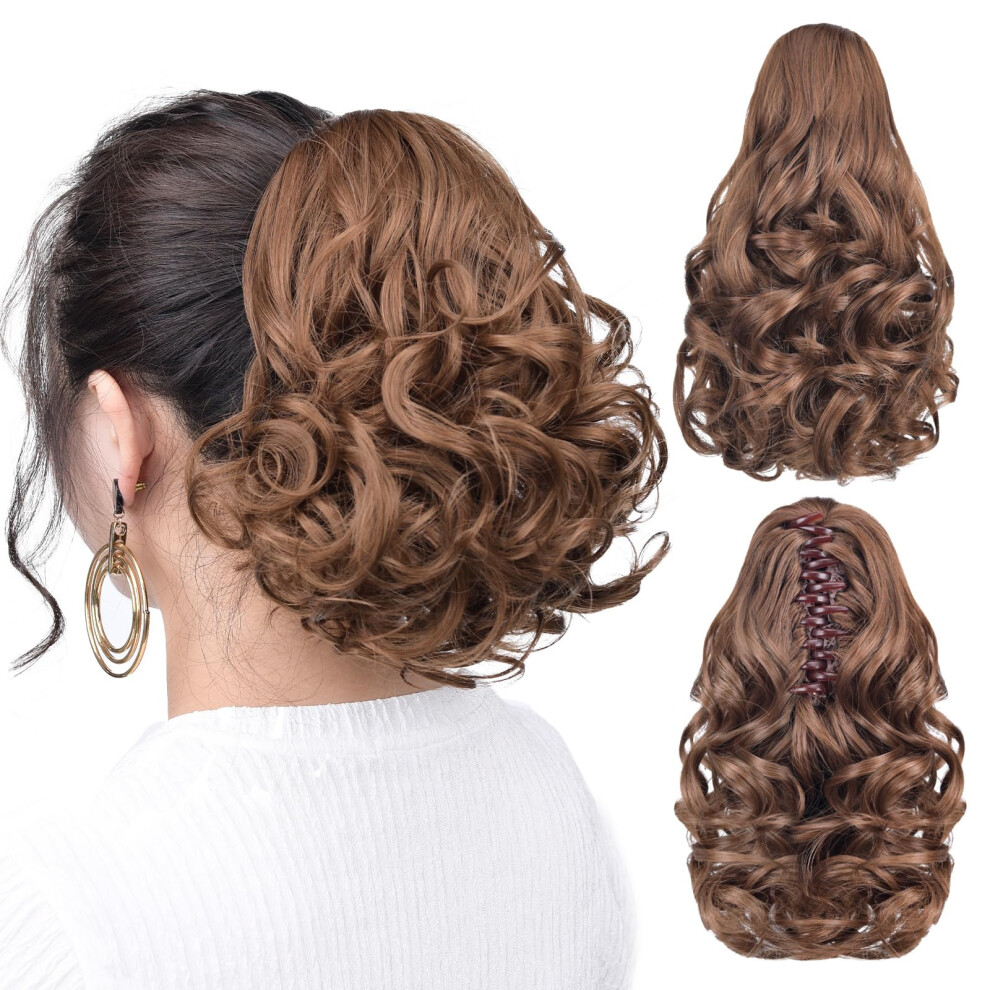 Hspcygg Brown Clip Ponytail Claw Clip Pony Tails Extension Wavy 10" 3.5 Oz Synthetic Like Real Hair Fake Hairpieces Women Yaki Fluffy Tangled