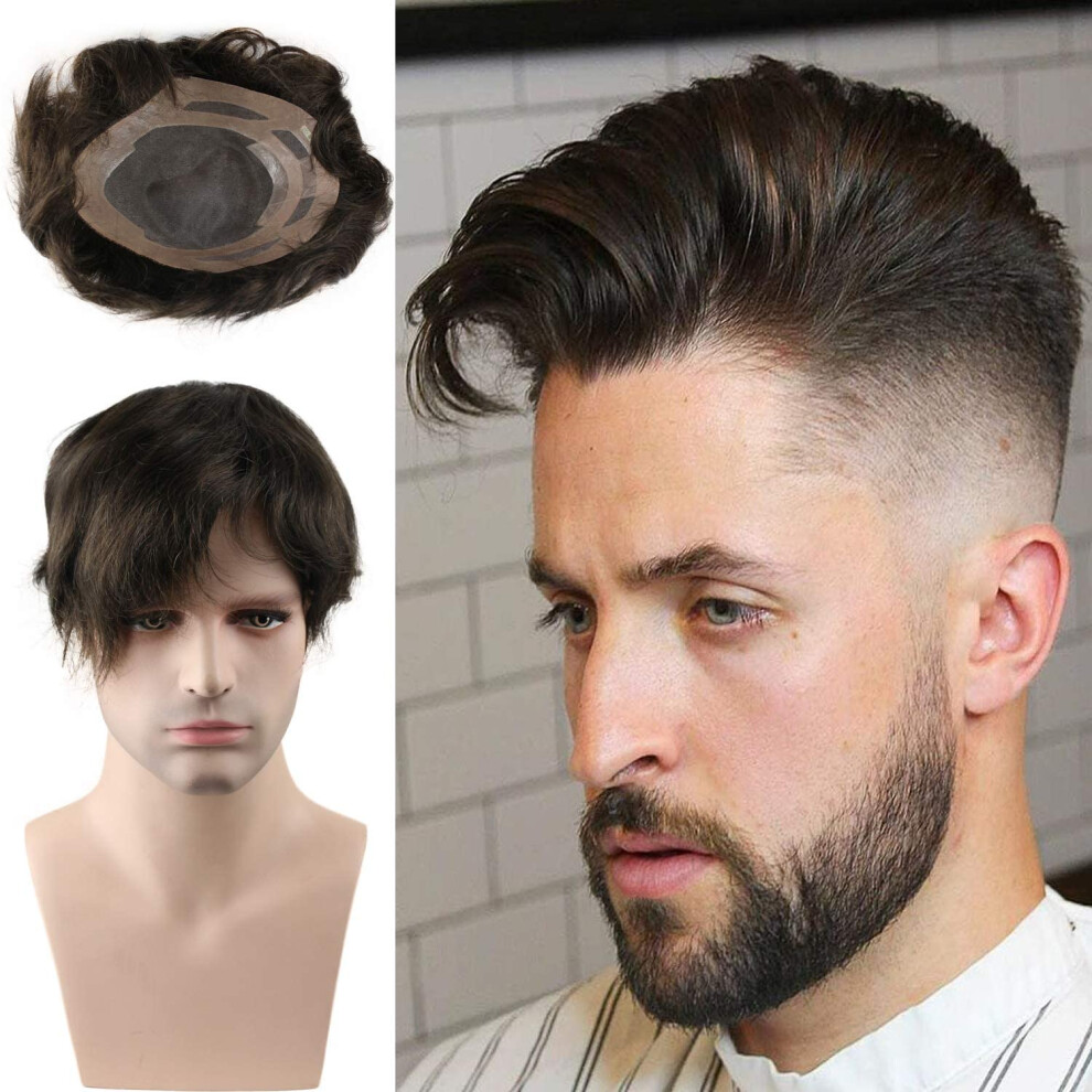 Voloria Unisex Swiss Mono Lace With Soft Thin Skin Toupee For Men With 10"X8" European Virgin Human Hair Slight Wave Men's Replacement Hairpieces Wigs #4 Med
