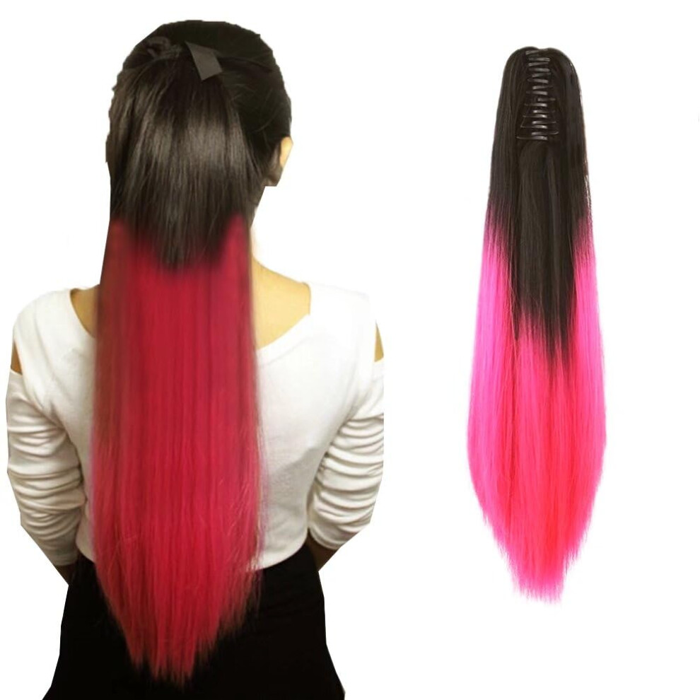 Iluu Ombre Synthetic Hair Ponytail Extensions Natural Black To Pink Color Two Tone Claw In Ponytail Hair Extensions Long Straight Hairpiece 24" 130G/S