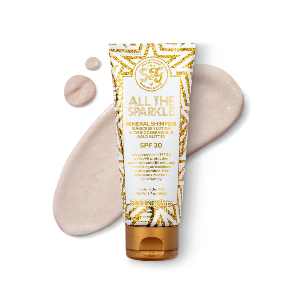 Sunshine & Glitter Gold | All The Sparkle | Biodegradable Glitter & Mineral Shimmer Sunscreen Spf 30 | 100% Mineral Zinc Oxide | Reef Friendly | Water Resi