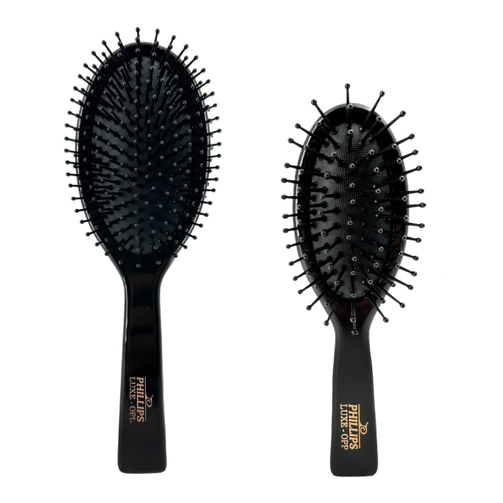 Phillips Brush Luxe Series Oval Paddle Hairbrush Combo Pack - Full Sized 9.25 Inch Detangler + 7 Inch Purse Size Travel Detangler, Sleek Black Color W