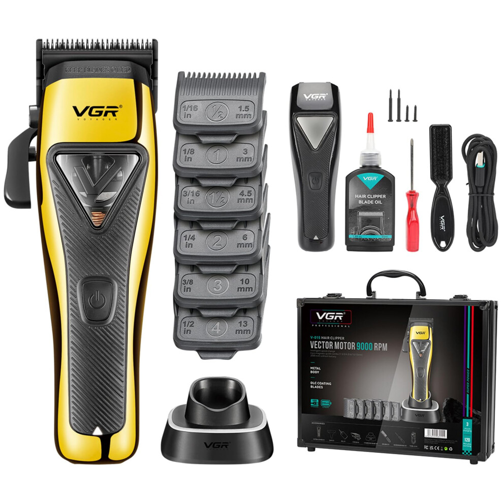 Vgr 015 Professional Cordless Hair Clippers For Men, 9000 Rpm Vector Motor Hair Trimmer Dlc-Blade Barber Clipper For Hair Cutting With Metal Body, 1 M