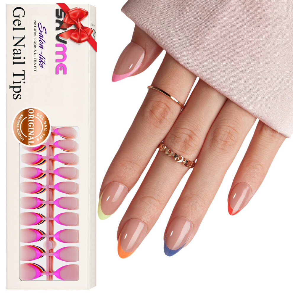 Sxvme White Gel French Tip Nails Short Almond French Tip Press On Nails French Nail Tips 150Pcs Pre-Applied Tip Primer Natural Skin Tones Fake Nails E