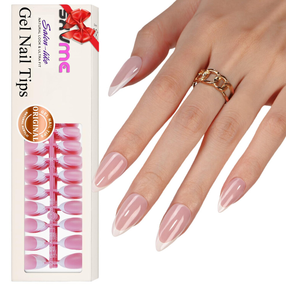 Sxvme Pink,White Gel X Medium Almond Press On Nails White French Nail Tips 300Pcs Pre-Applied Tip Primer Natural Pink Fake Nails Extensions Gel X Nail Kit For Wo