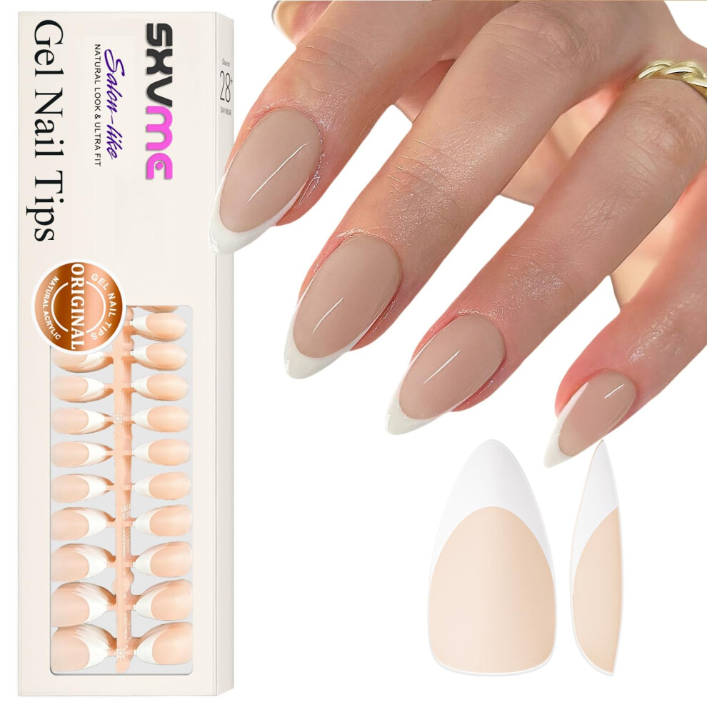 Sxvme Gel French Tip Nails Medium Almond Press On Nails - 300Pcs White Natural Nude Fake Nails Extensions Kit With Pre-Applied Tip Primer For Women Gi