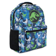 Jurassic World Nylon Allover Print Backpack - Adventure Awaits with Tyrannosaurus Rex, Velociraptor, and Triceratops Bookbag, Blue, M
