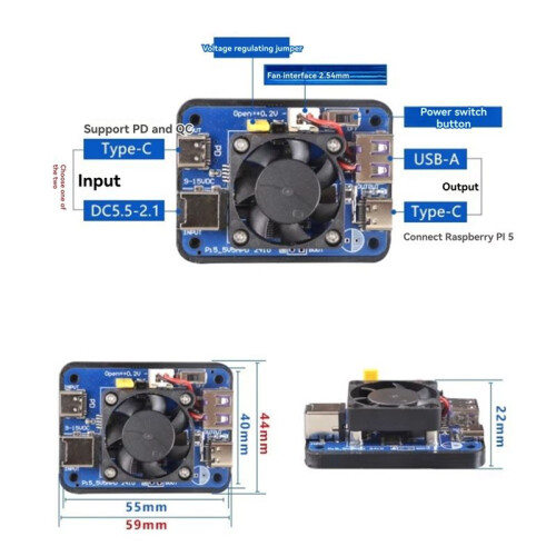 For Raspberry Pi 5 PD Power Supply Module Dual 5V5A Outputs Wide Voltage Input Support PD Input Supports Jetson Devices 2