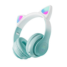 Cute Cat Gradient Wireless Headsets LED Light Headphones with Mic Kids Stereo Phone Music Game Headset Green