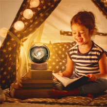 Crystal Color Night Light with Carved Crystal Inside, Luminous Ornament, Starry Gift with Wooden Base,Moon