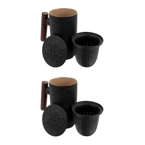 2Sets Brown Ceramic Tea Cup with Filter Lid for Hot and Cold Drinks 2