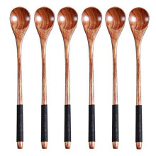 6 Peças Longo Manipulado Colheres de Madeira Chá de Café Colher de Café Estilo Japonês Sobremesa Colher Set Mel Mistura Colher de Madeira Louça