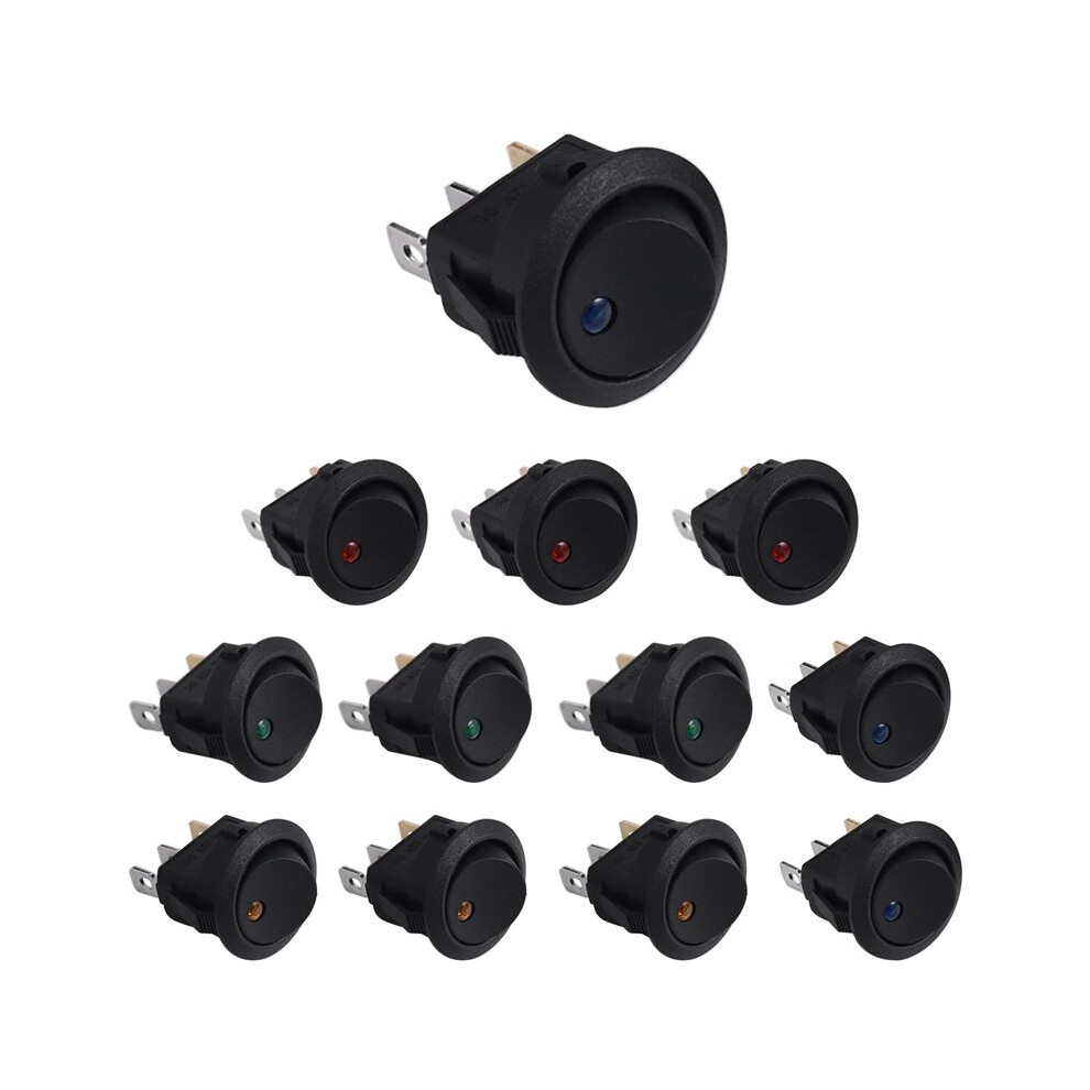 12Pcs Round Dot Lighted Rocker Toggle 20A 12V /Off Spst Control, 3Blue+3Green+3Yellow+3Red 4714047170829