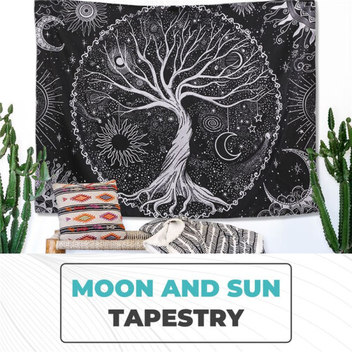 Tree  Moon and Sun Black Wall Hanging  Psychedelic Mandala Starry Sky  Hippie 2