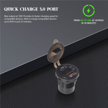Prise de Chargeur de Voiture Double USB PD Type C 48W, Chargeur Rapide de Voiture QC 3.0 avec VoltmèTre et Interrupteur pour Bateau Camion RV, Rouge