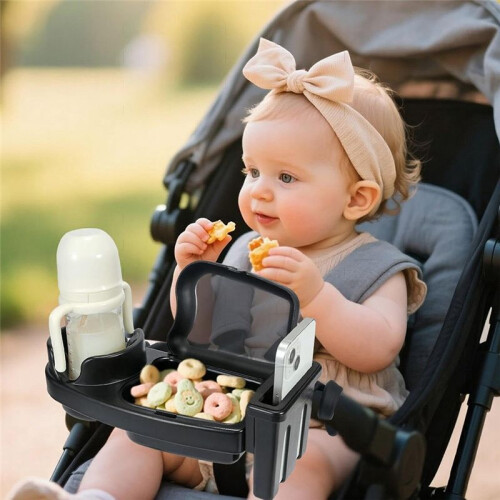 Universal Stroller Snack Tray Attachment with Dust Cover Sturdy Stroller Cup Snack Holder Clamp 2