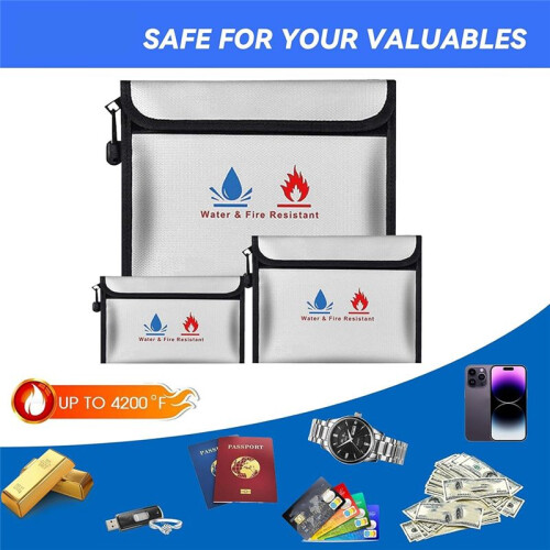 Fireproof Waterproof Document Bag Set - 3 Pack, Enhanced Zipper, Safe Storage for Documents, Cash, Jewelry 1