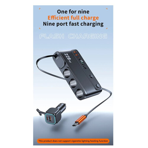 228W Car Charger Adapter 3-Socket Cigarette Lighter 3- QC3.0 USB Charger with Stretchable PD Type-C Fast Charging 1