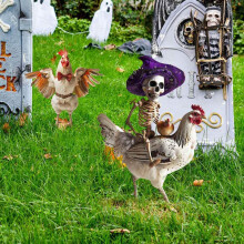 2PCS Halloween Metal Yard Decoration Skeleton Riding Rooster Metal Yard Sign Imitation Halloween Ornament