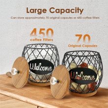 Coffee Pod Holder with Lid, Large Capacity Coffee Pod Storage Basket, Round Iron Coffees Pods Basket Holder
