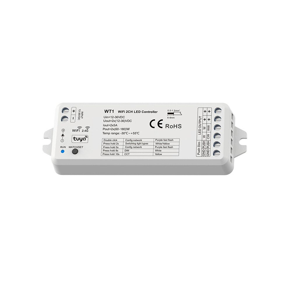 Tuya Wifi Wt1 Led Dimmer 2Ch 12V 24V 36V Cct Led Strip Dimming Controller Kit 2.4G Remote Control 4712181048868