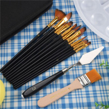 16 Pcs Paint Brushes Set 12 Sizes Painting Brush with Palette Knife, Sponge and Oil Tray for Acrylic, Watercolor