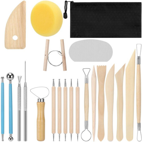 Clay Tools 21 PCS, Pottery Tool Kit Dotting Tools Polymer Clay Tools, Ceramics Tools with Wooden Handle Pottery Tool Bag