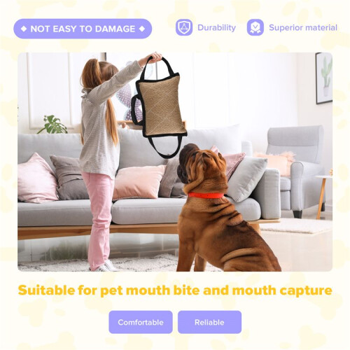 Durable Dog Training Bite Tug Toy with 3 Handles Jute Linen Bite Pillow 2
