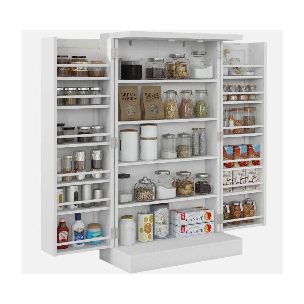 Homcom Kitchen Cupboard With Double Doors, 5-Tier Shelf, 12 Spice Racks, White