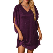 Damen Glitzerkleid Fledermausärmel Cocktailkleid Glitzer Clubkleid Lila XL