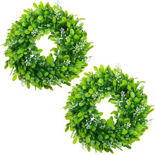 2-Pack Kunstmatige Buxuskrans, Faux Kunstmatige Groene Bladeren Krans Voordeur Hangende Kransdecoratie, 10 Inch