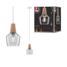 Paulmann 79745 Neordic Ylvie pendant luminaire max. 1x20W pendant lamp for E27 lamps ceiling lamp clear/wood 230V glass/wood without lamp