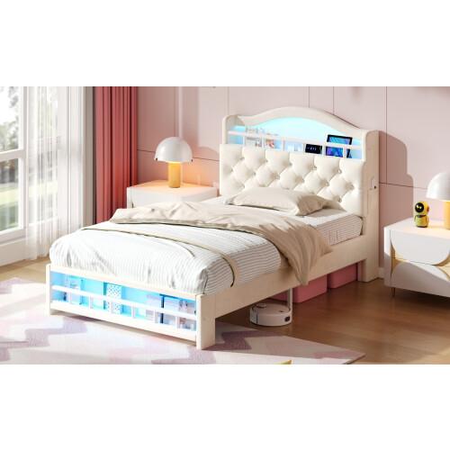3ft Single Upholstered Velvet Bed Frame, LED Bed Frame with Charging Station & Diamond Tufted Headboard 1