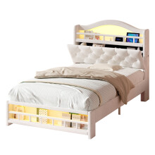3ft Single Upholstered Velvet Bed Frame, LED Bed Frame with Charging Station & Diamond Tufted Headboard