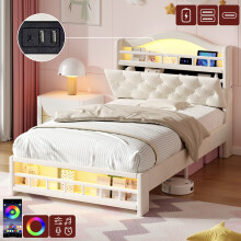 3ft Single Upholstered Velvet Bed Frame, LED Bed Frame with Charging Station &amp; Diamond Tufted Headboard