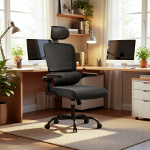 (Schwarz)Ergonomischer Drehstuhl mit Wippfunktion & Kopfstütze