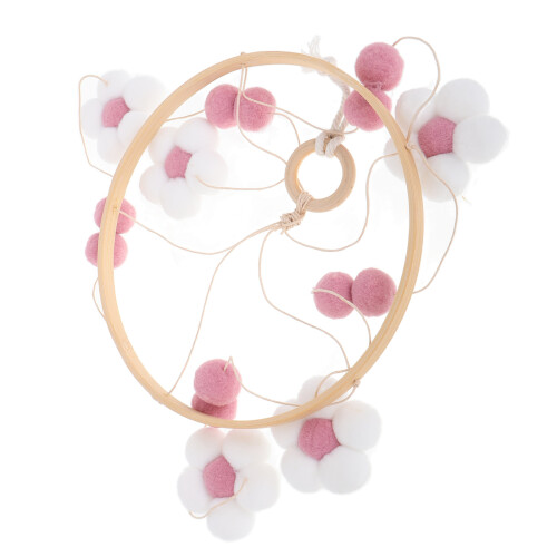 4Pièces Mobile Boho Bébé Rose En Bois Avec Pompons 1