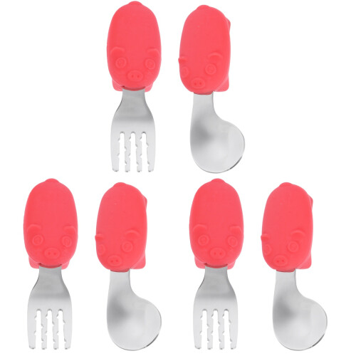3Sets Infant Training Tableware Red Stainless Steel Fork and Spoon Set 2