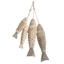 4 Pack Antique Hand Carved Wood Fish Sculpture Decor Ornament with Fishing Net, Beach Theme Wall Art Hanging Decor