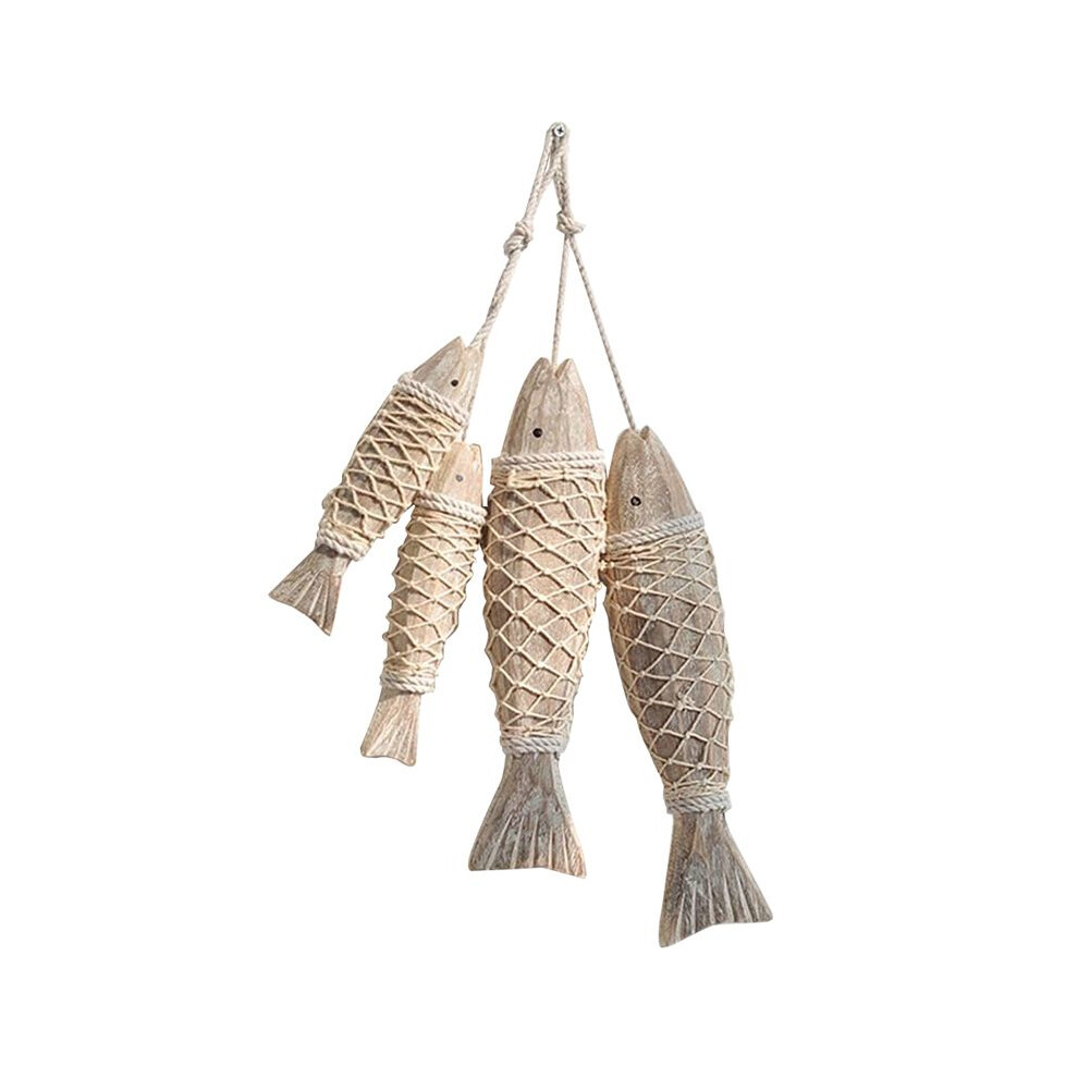 4 Pack Antique Hand Carved Wood Fish Sculpture Decor Ornament With Fishing Net, Beach Theme Wall Art Hanging Decor 4711947111549